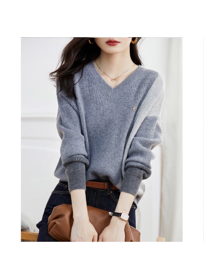 Dme Colorblock V-neck Drop Shoulder Long Sleeve Knit Sweater Women's Top Winter - Image 4