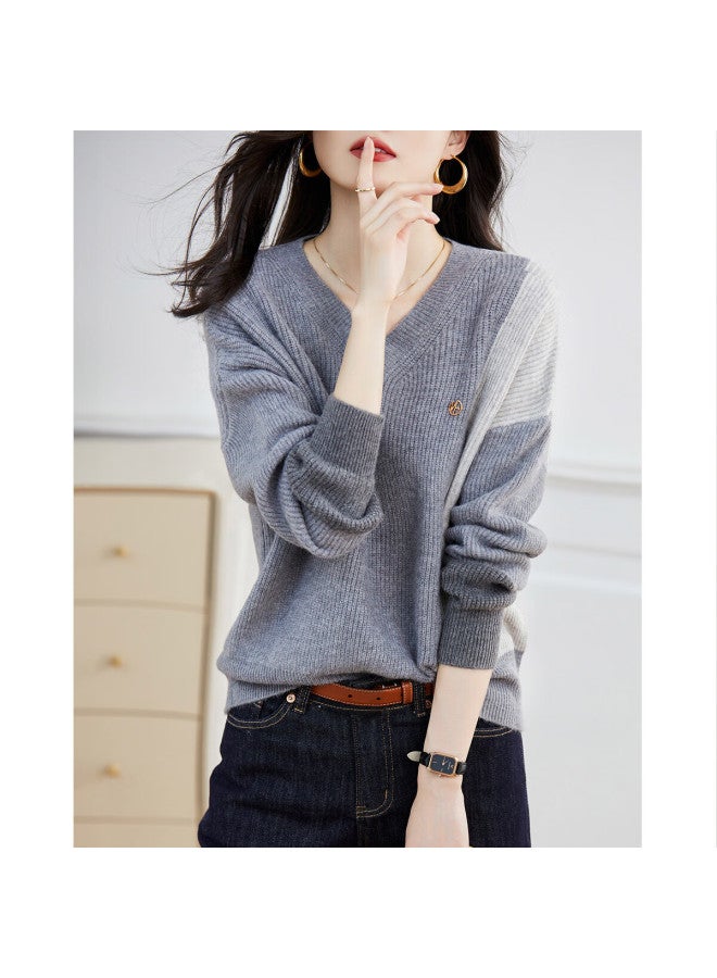 Dme Colorblock V-neck Drop Shoulder Long Sleeve Knit Sweater Women's Top Winter - Image 3