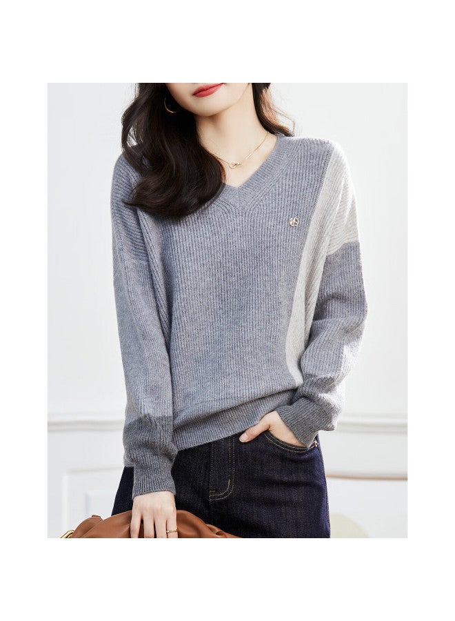 Dme Colorblock V-neck Drop Shoulder Long Sleeve Knit Sweater Women's Top Winter - Image 5