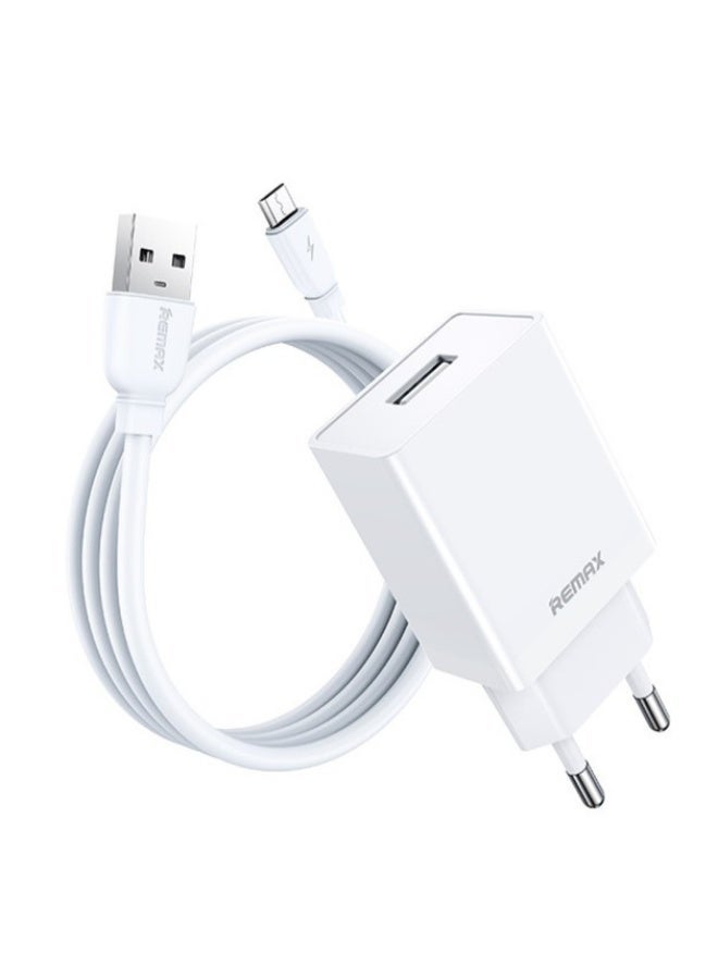 ريماكس شاحن حائط 12 وات مع كابل مايكرو يو إس بي، محول شحن سريع 1 يو إس بي 2.4 أمبير مع شريحة حماية ذكية، صغير الحجم وآمن لأجهزة أندرويد - أبيض - Image 1