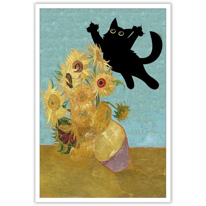 FUNNY BLACK CAT ART POSTER VINTAGE VAN GOGH SUNFLOWER CAT PRINT CANVAS WALL ART CUTE ANIMAL ROOM AESTHETIC PRINTS PAINTING FOR HOME BEDROOM DORM WALL DECOR 12X16IN UNFRAMED