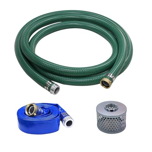 Eastrans Discharge Hose Pump Kit Includes 2" x 50' Blue PVC Lay-Flat Backwash Hose & 2" x 20' Green PVC Suction Hose with Male X Female Aluminum Pin Lug Fittings, Steel Round Hole Suction Strainer - Image 1