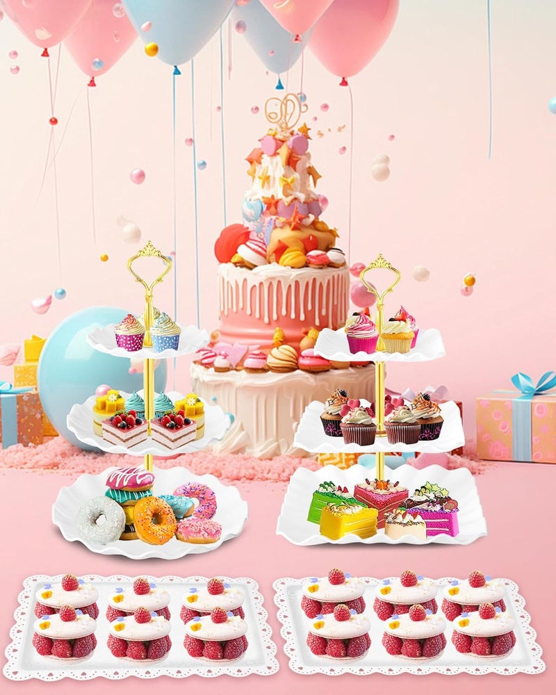 Hoedia 10 Pcs Cake Stand, Plastic Dessert Table Display Set, 4 Pcs 3 Tier Cupcake Stand Tower Holder and 6 Pcs Serving Tray for Tea Party Baby Shower Decorations - Image 4