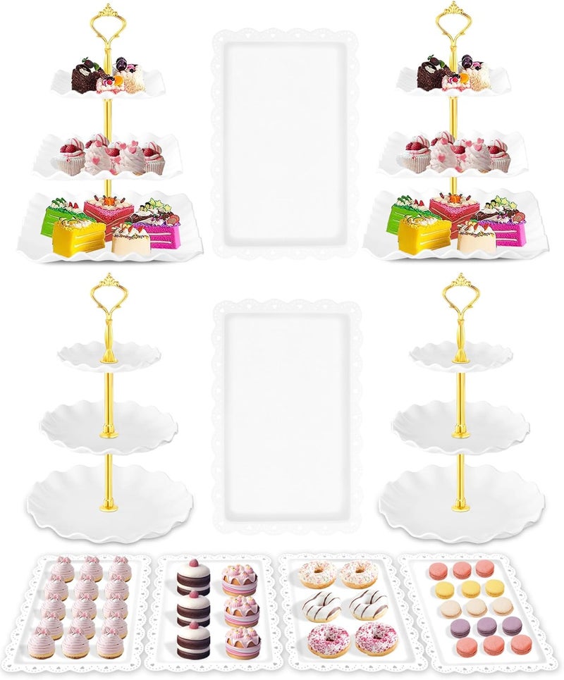 Hoedia 10 Pcs Cake Stand, Plastic Dessert Table Display Set, 4 Pcs 3 Tier Cupcake Stand Tower Holder and 6 Pcs Serving Tray for Tea Party Baby Shower Decorations - Image 1