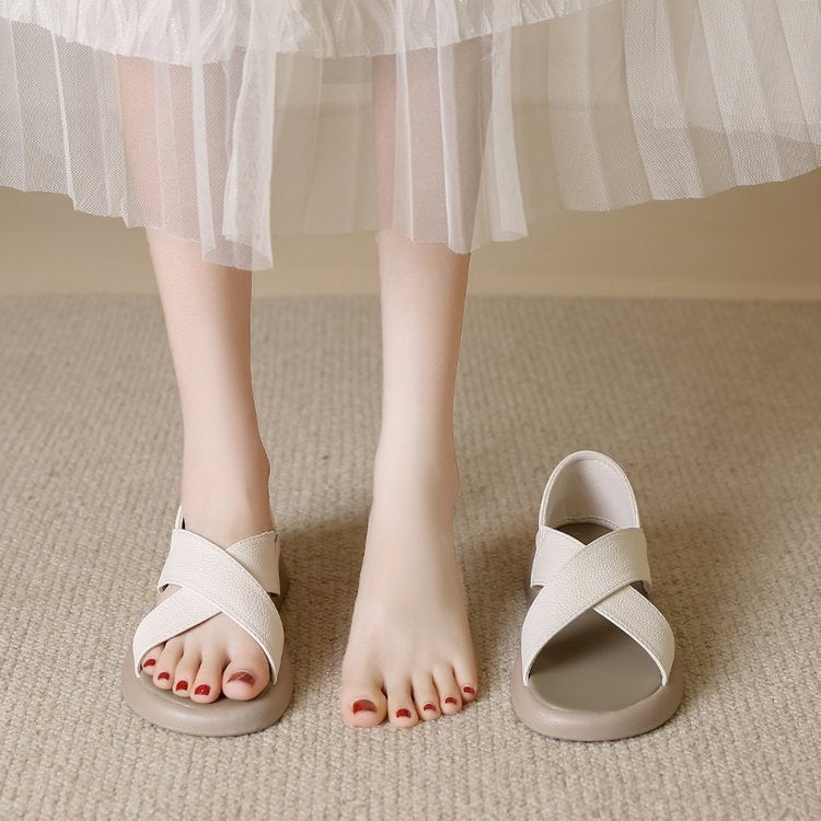 Women'S Flat Peep Toe Sandals 2023 Hollow Breathable Soft Bottom Soft Surface Flat Beach Sandals - Image 5
