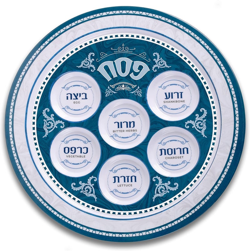 Ner Mitzvah Melamine 12 Passover Seder Plate  Blue and White Marble Design - Image 1