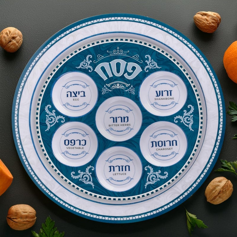 Ner Mitzvah Melamine 12 Passover Seder Plate  Blue and White Marble Design - Image 4