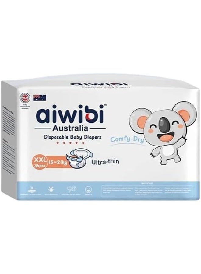 aiwibi حفاضات أطفال قابلة للتخلص منها من Aiwibi مريحة وجافة فائقة النعومة ورفيعة للغاية، سراويل أطفال مضادة للتهيج، امتصاص فائق (XX-Large، 36، عدد) 