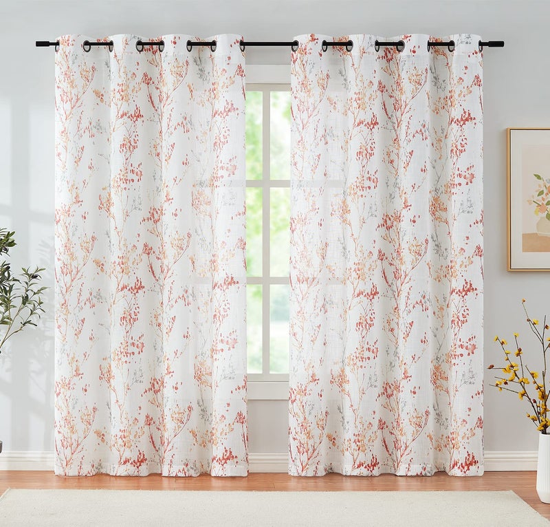 Treatmentex Branch Sheer White Curtains 96inch Long Red Tree Branch Semi Sheer Curtains Panels for Living Room Bedroom Linen Look Multicolor Pattern Textured Window Drapes for Kitchen Grommet Top 2pcs - Image 2