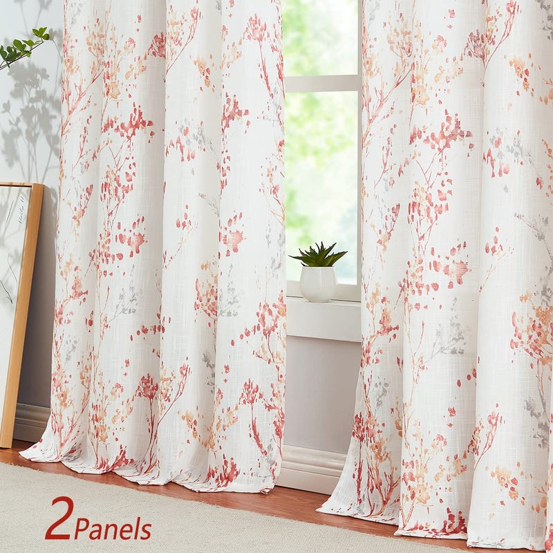 Treatmentex Branch Sheer White Curtains 96inch Long Red Tree Branch Semi Sheer Curtains Panels for Living Room Bedroom Linen Look Multicolor Pattern Textured Window Drapes for Kitchen Grommet Top 2pcs - Image 3
