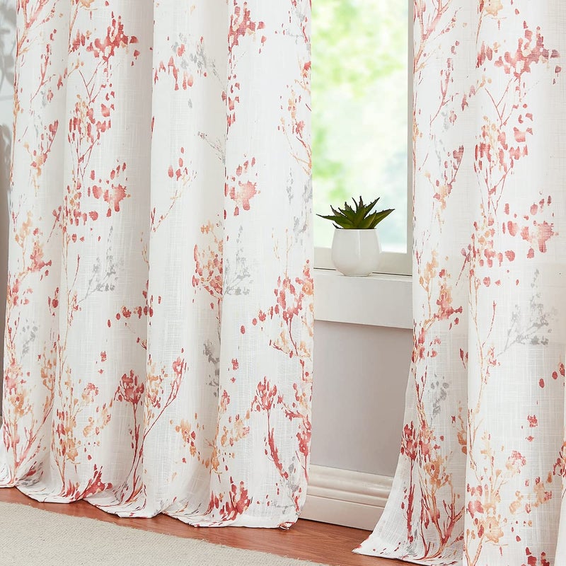 Treatmentex Branch Sheer White Curtains 96inch Long Red Tree Branch Semi Sheer Curtains Panels for Living Room Bedroom Linen Look Multicolor Pattern Textured Window Drapes for Kitchen Grommet Top 2pcs - Image 1
