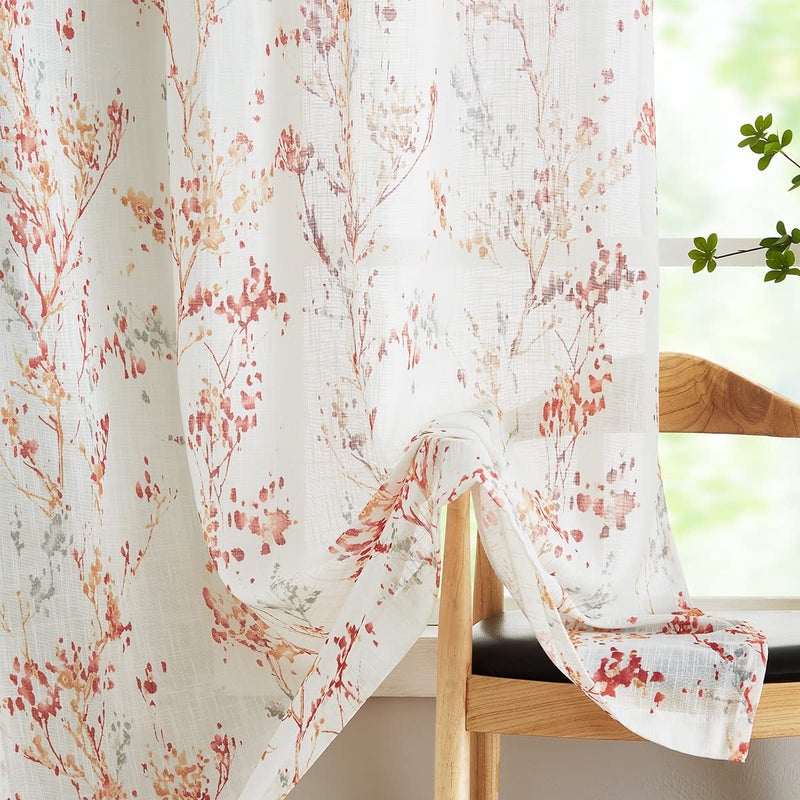Treatmentex Branch Sheer White Curtains 96inch Long Red Tree Branch Semi Sheer Curtains Panels for Living Room Bedroom Linen Look Multicolor Pattern Textured Window Drapes for Kitchen Grommet Top 2pcs - Image 4