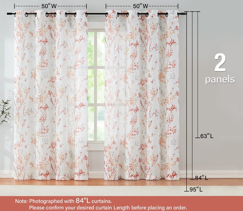 Treatmentex Branch Sheer White Curtains 96inch Long Red Tree Branch Semi Sheer Curtains Panels for Living Room Bedroom Linen Look Multicolor Pattern Textured Window Drapes for Kitchen Grommet Top 2pcs - Image 5