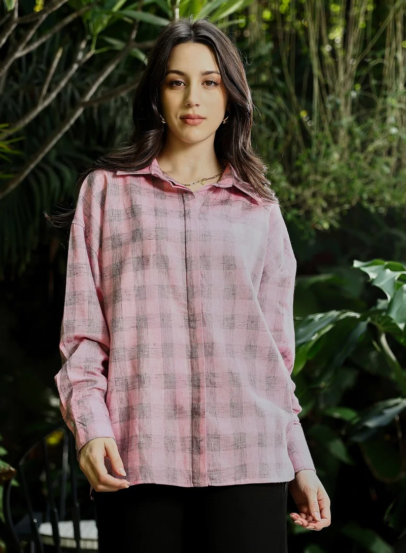 PINACOLADA Women's Buffalo-Check Oversized Shirt | Spread Collar , Long Button-Cuff Sleeves, Button Closure | Checks Twill Woven Shirt For Casual & Daily Wear | Rose Pink