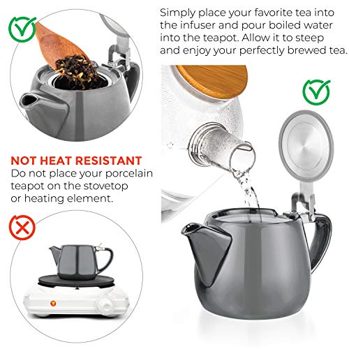 Tealyra - Pluto Porcelain Small Teapot Grey - 18.2-ounce (1-2 cups) - Unique Finish - Stainless Steel Lid and Extra-Fine Infuser To Brew Loose Leaf Tea - 540ml - Image 4