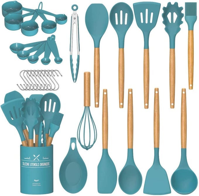 KITCHEN COOKING UTENSILS SET 33 PCS NONSTICK SILICONE UTENSILS SPATULA SET WITH HOLDER SILICONE KITCHEN GADGETS UTENSIL SETDARK BLUE