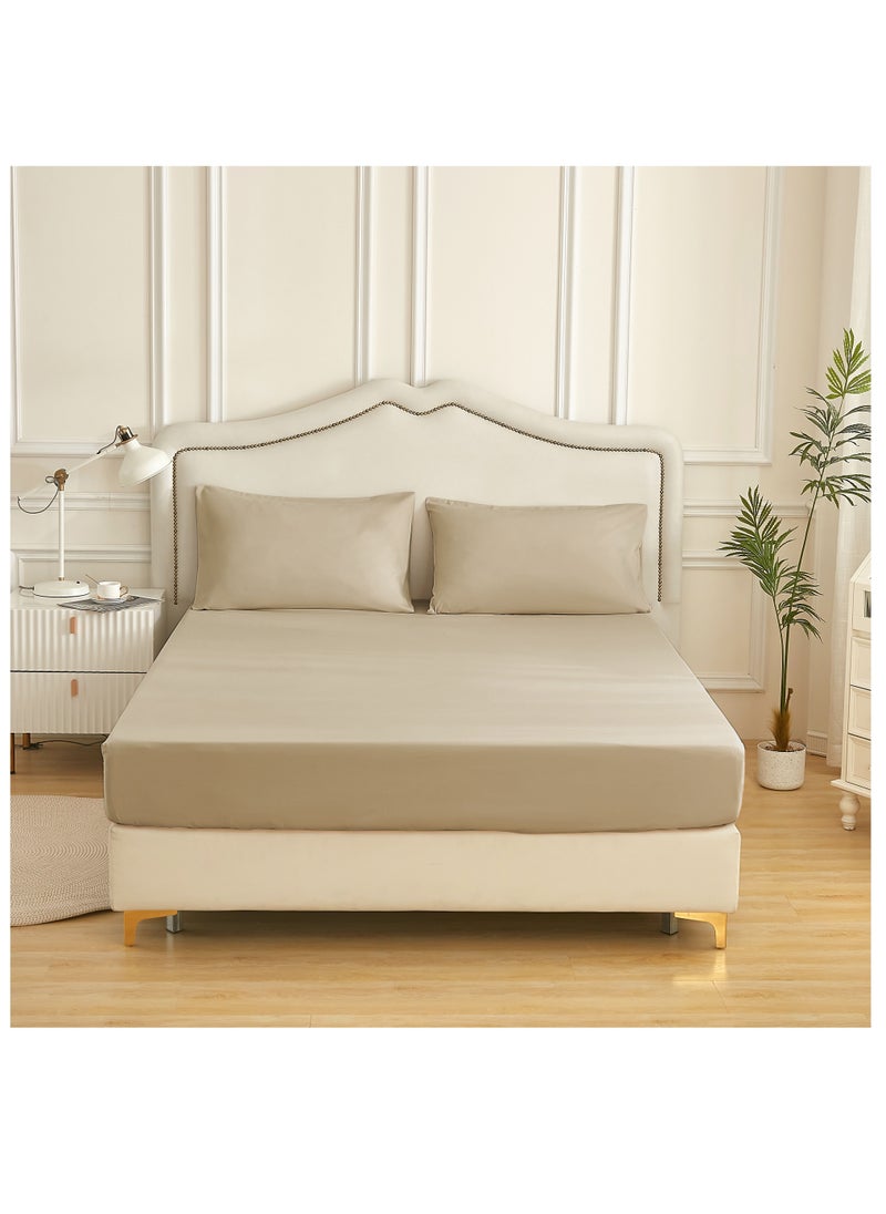 Donetella - Bedding Fitted Sheet Set 3-Pcs King Size Solid Soft & Silky Extra Deep Cooling Bed Sheet Brushed MIcrofiber , Beige - Image 1