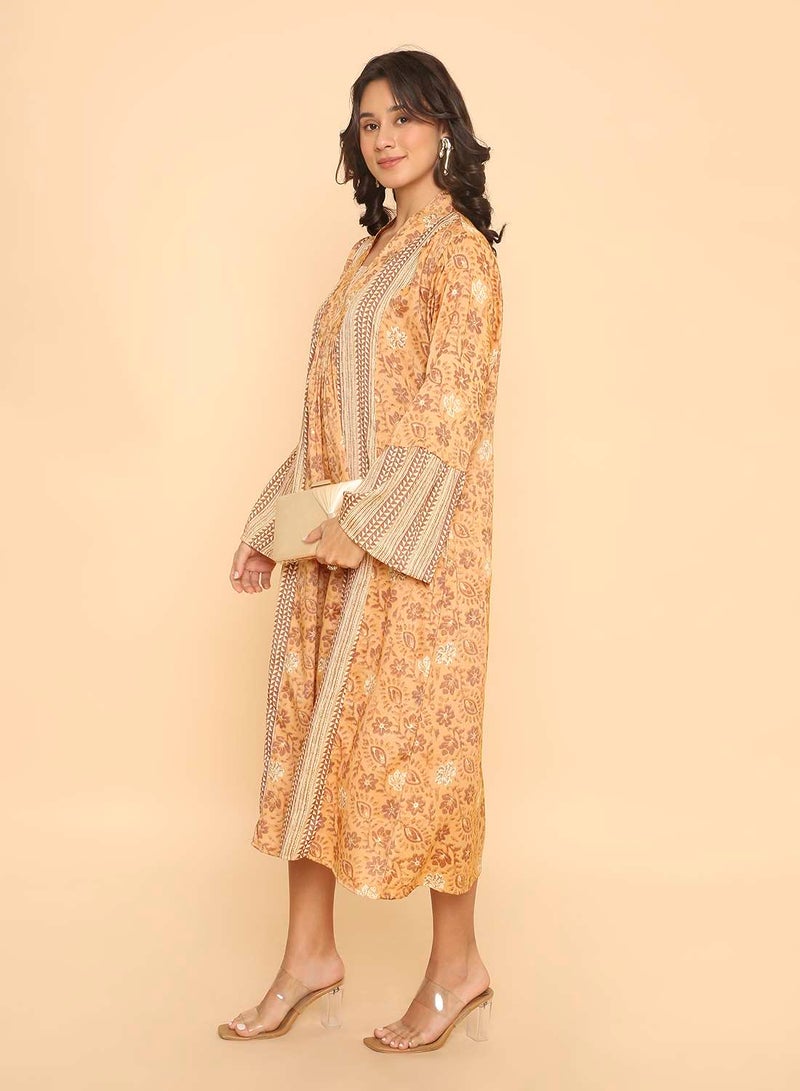 HANA & SARA Orche yellow Floral Print Arabic Jalabiya with Geometric Panels & Flared Sleeves - Image 5