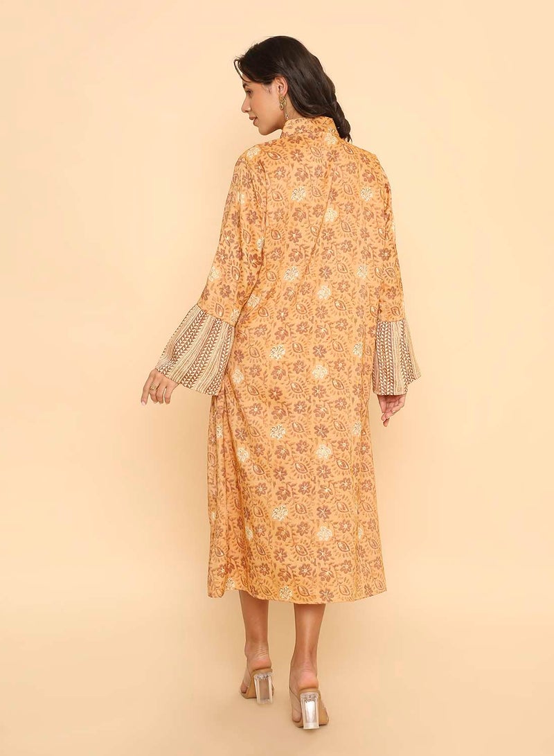 HANA & SARA Orche yellow Floral Print Arabic Jalabiya with Geometric Panels & Flared Sleeves - Image 2
