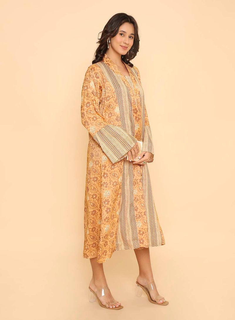 HANA & SARA Orche yellow Floral Print Arabic Jalabiya with Geometric Panels & Flared Sleeves - Image 4