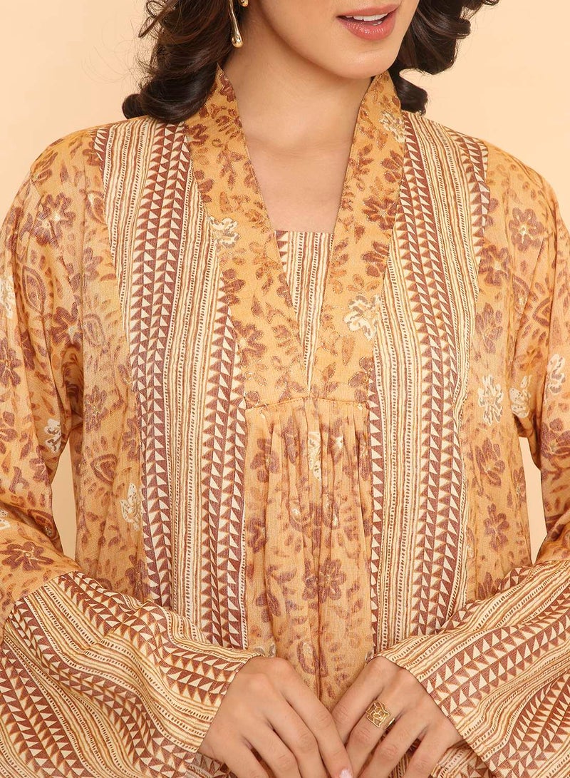 HANA & SARA Orche yellow Floral Print Arabic Jalabiya with Geometric Panels & Flared Sleeves - Image 3