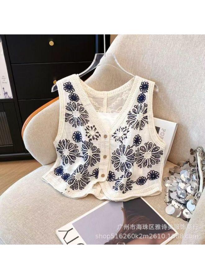 French V-neck Sleeveless Hollow Crocheted Vest Vest Women's Spring New Korean-style Slim Look All-match Trendy Outer Wear Top