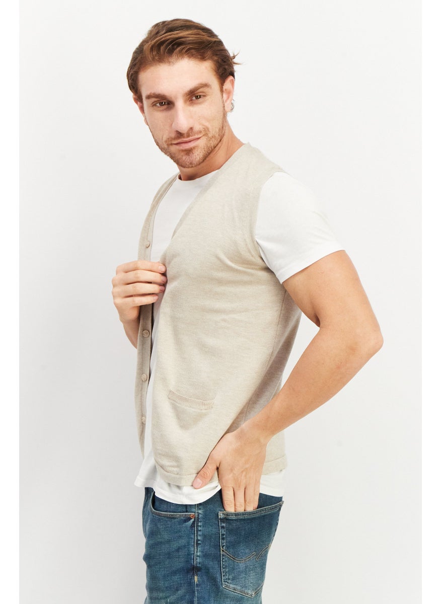 Sorbino Men V Neck Sleeveless Plain Sweater Vest, Beige  - Image 4