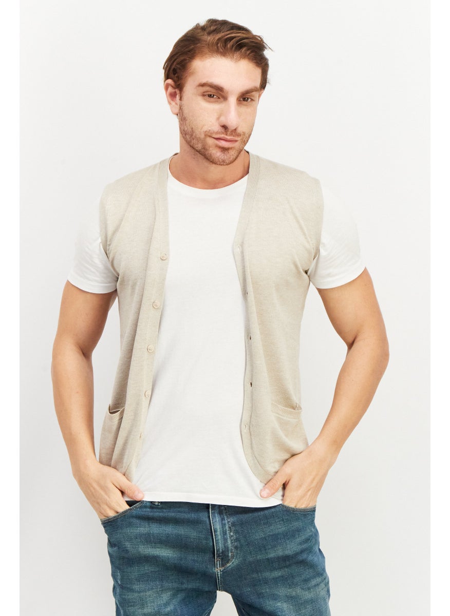 Sorbino Men V Neck Sleeveless Plain Sweater Vest, Beige  - Image 1