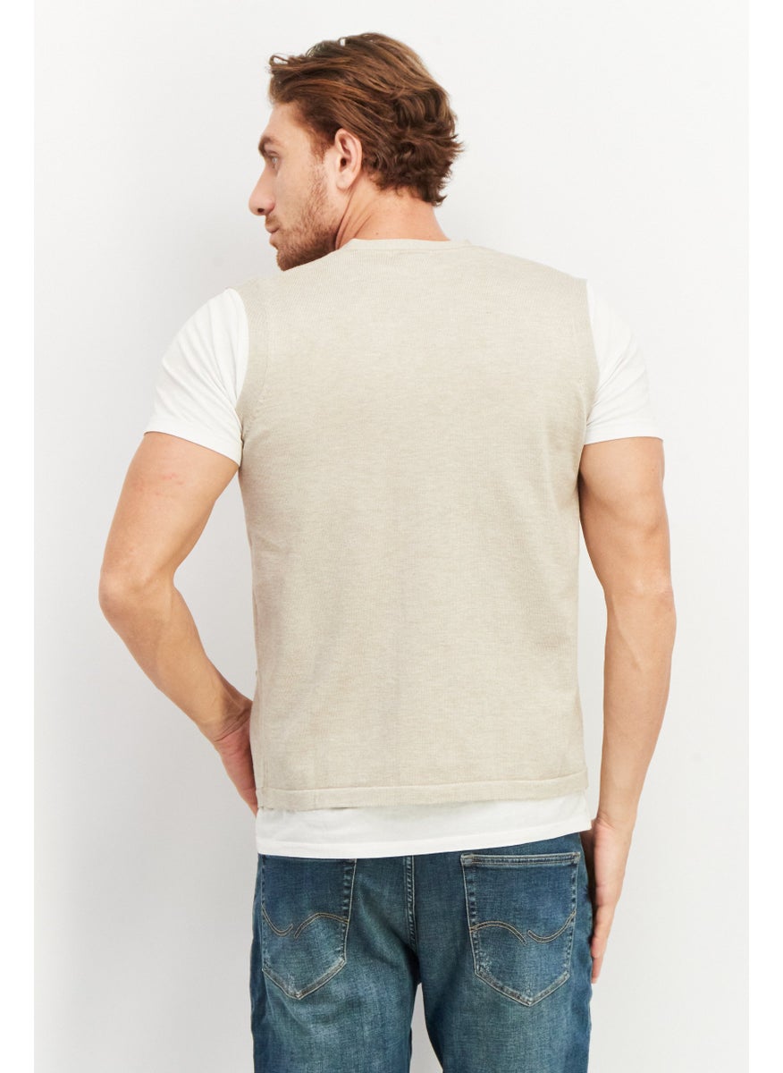 Sorbino Men V Neck Sleeveless Plain Sweater Vest, Beige  - Image 3