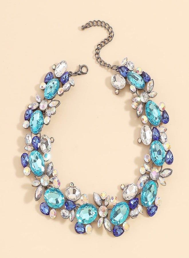 Chargances Bohemia Blue Rhinestone Choker Crystal Necklace Women's Costume Statement Necklace Fashion Jewelry for Wedding Birdal (Blue) - Image 4