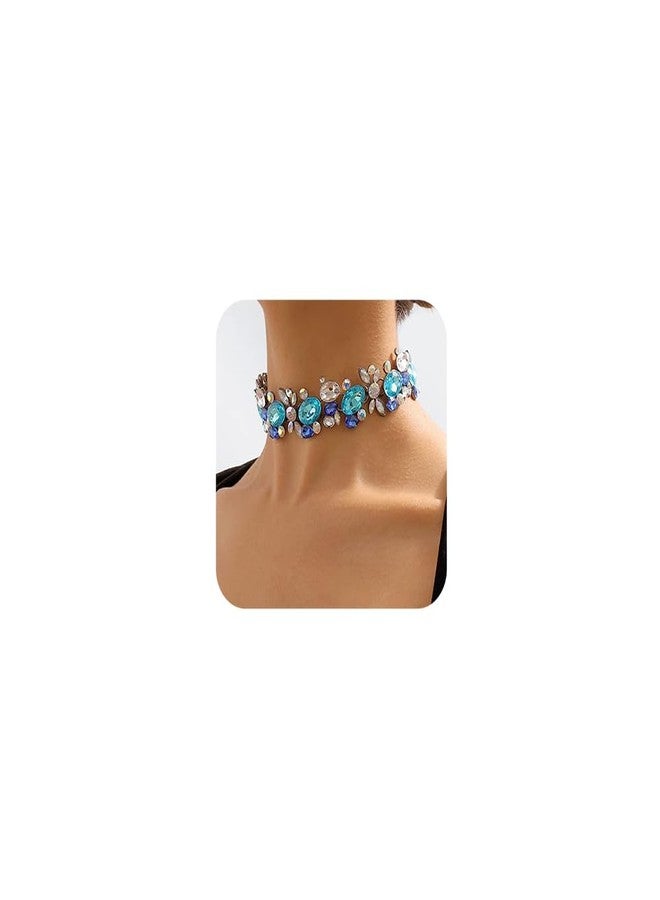Chargances Bohemia Blue Rhinestone Choker Crystal Necklace Women's Costume Statement Necklace Fashion Jewelry for Wedding Birdal (Blue) - Image 1