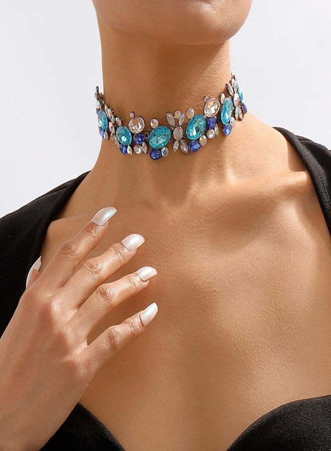 Chargances Bohemia Blue Rhinestone Choker Crystal Necklace Women's Costume Statement Necklace Fashion Jewelry for Wedding Birdal (Blue) - Image 2