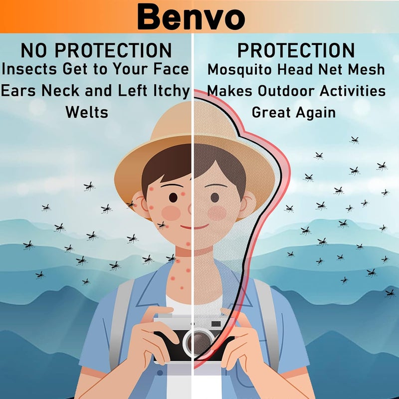 Benvo شبكة رأس البعوض، غطاء الوجه والرقبة من شبكة الحشرات للرحلات الخارجية - مع حقائب حمل تناسب معظم أحجام القبعات (2 قطعة، أسود ورمادي، شبكة كبيرة محدثة) - Image 5