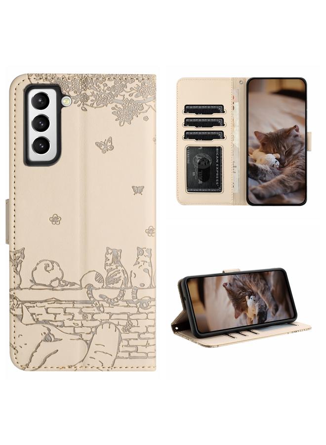 S-TOP Case For Samsung Galaxy S21 Cat Embossing Pattern Leather Phone Case with Lanyard - Image 1
