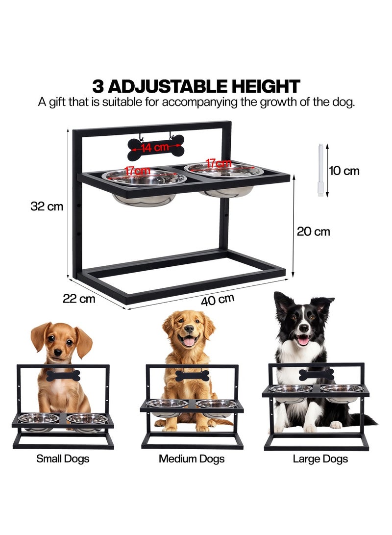 NNC PETS Raised dog bowl stand for Small to Medium dogs, 3 Height adjustable metal dog feeding station with 2 Stainless steel bowls, Name Tag, and Pen, Ideal for indoor use, Easy assembly, 32 cm (Black) - Image 2