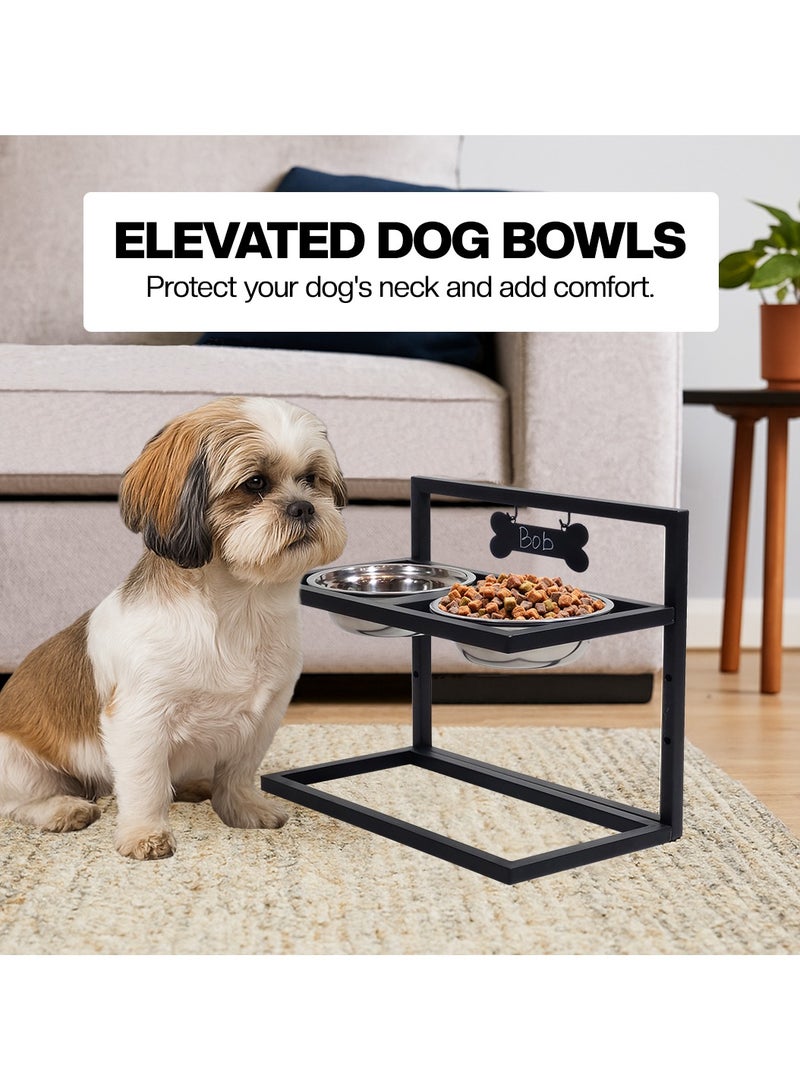 NNC PETS Raised dog bowl stand for Small to Medium dogs, 3 Height adjustable metal dog feeding station with 2 Stainless steel bowls, Name Tag, and Pen, Ideal for indoor use, Easy assembly, 32 cm (Black) - Image 5