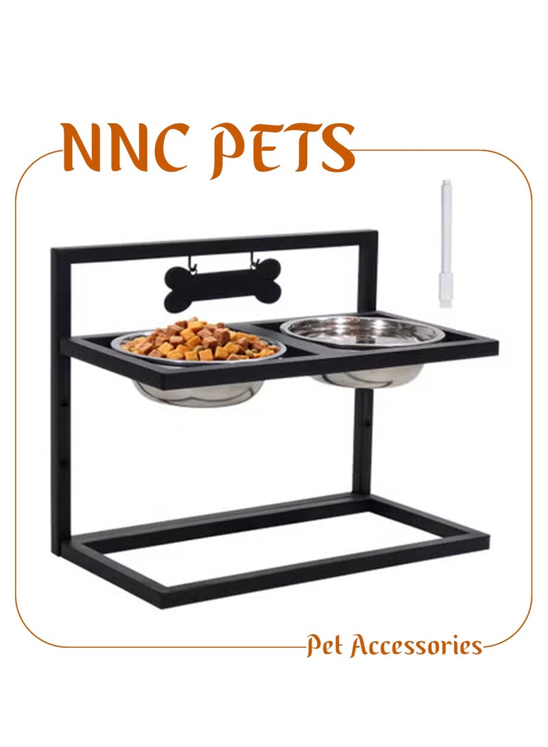 NNC PETS Raised dog bowl stand for Small to Medium dogs, 3 Height adjustable metal dog feeding station with 2 Stainless steel bowls, Name Tag, and Pen, Ideal for indoor use, Easy assembly, 32 cm (Black) - Image 1