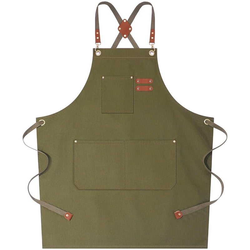 Apron – Upgraded Military Green, Adjustable, Cotton Linen, with Pockets for Cooking BBQ