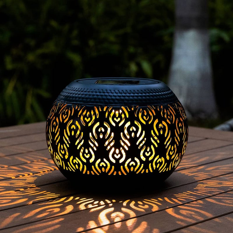 pearlstar Solar Table Light Outdoor Waterproof- Solar Powered LED Lamp Hollowed-Out Black Peacock Feather Metal Desktop Decorative Lantern for Indoor Desk Bedroom Patio Garden Pathway Yard - Image 1