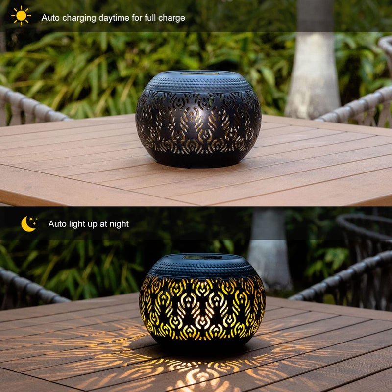 pearlstar Solar Table Light Outdoor Waterproof- Solar Powered LED Lamp Hollowed-Out Black Peacock Feather Metal Desktop Decorative Lantern for Indoor Desk Bedroom Patio Garden Pathway Yard - Image 2