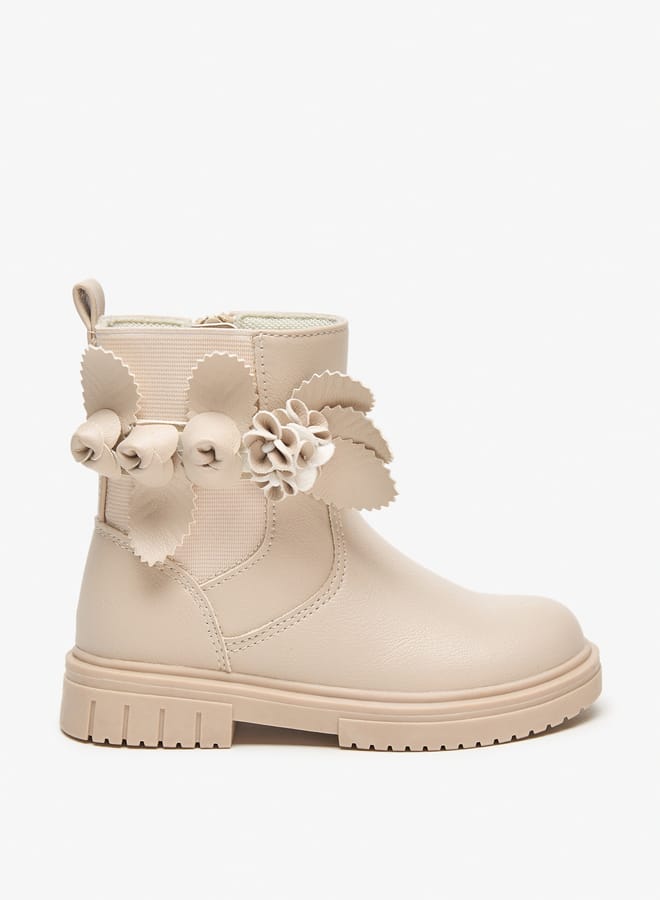 JUNIORS Girls Flower Applique Ankle Boots with Zip Closure and Pull Tab - Image 1