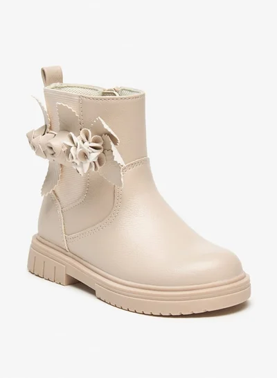 JUNIORS Girls Flower Applique Ankle Boots with Zip Closure and Pull Tab
