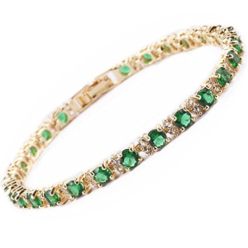 RIZILIA Eternity Tennis Bracelet & Round Cut CZ Simulated Green Emerald in Yellow Gold Plated, 7" - Image 1