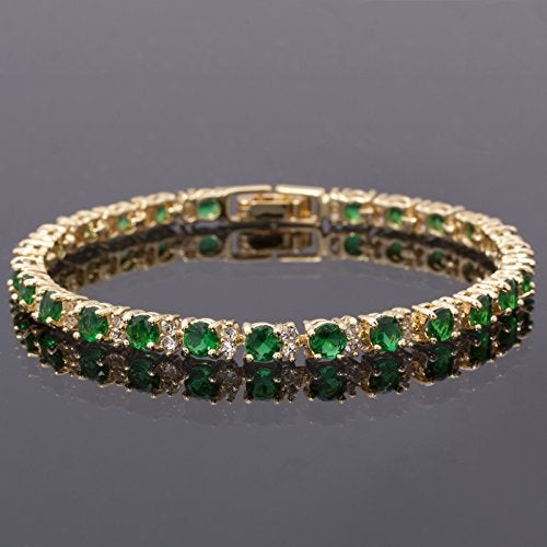 RIZILIA Eternity Tennis Bracelet & Round Cut CZ Simulated Green Emerald in Yellow Gold Plated, 7" - Image 3