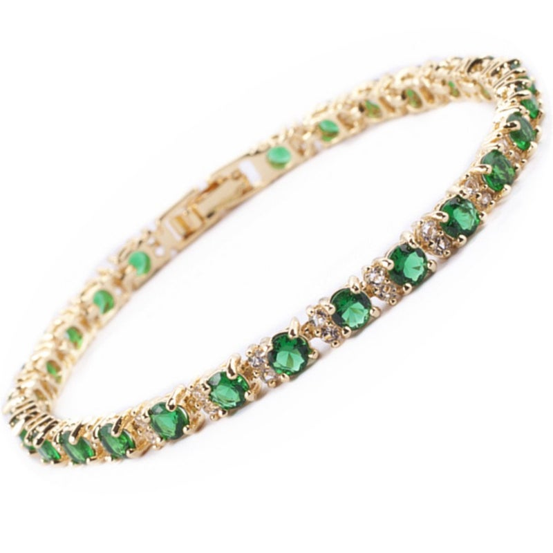 RIZILIA Eternity Tennis Bracelet & Round Cut CZ Simulated Green Emerald in Yellow Gold Plated, 7" - Image 2