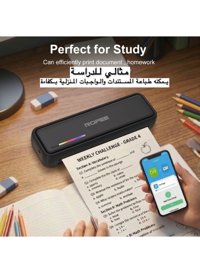 Rofee X9 Portable Thermal Printer, Supports A4 thermal Paper, 200DPI Inkless Mobile Travel printer For Car, School, Office  Mini Bluetooth Printer For Android, & For iOS Phone (Black) - Image 2