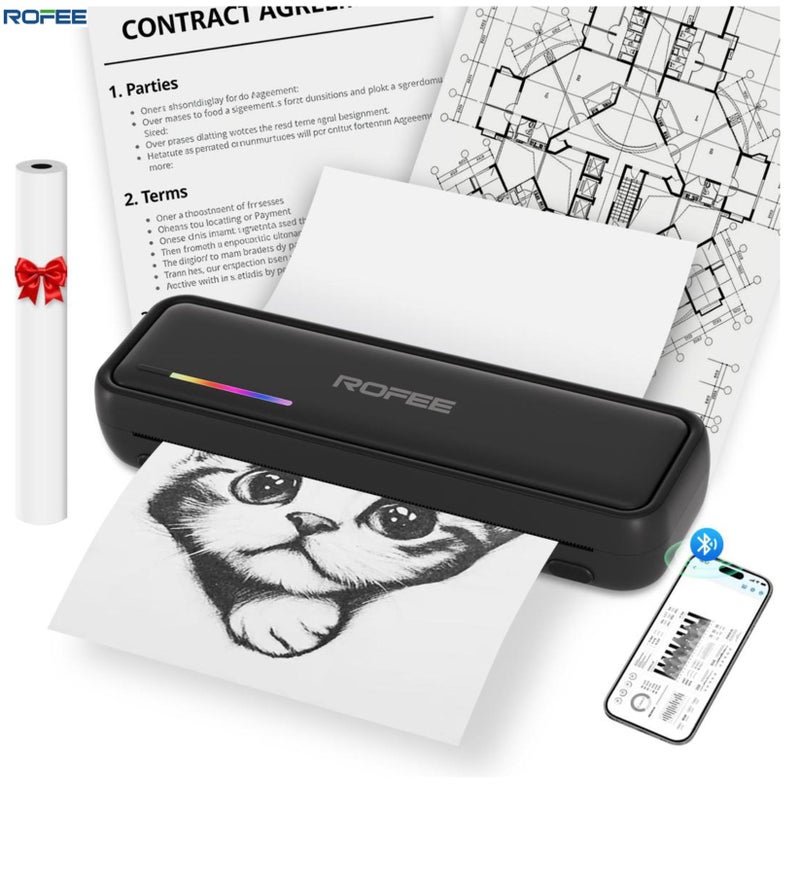 Rofee X9 Portable Thermal Printer, Supports A4 thermal Paper, 200DPI Inkless Mobile Travel printer For Car, School, Office  Mini Bluetooth Printer For Android, & For iOS Phone (Black) - Image 1