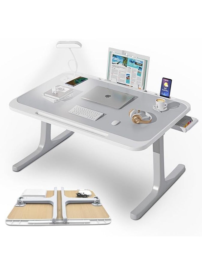 Green Tiger Laptop Bed Desk with LED Light, Foldable Laptop Table Non-slip Computer Tray for Bed with Book Stand, USB Port & Wireless Charging, Portable Dormitory Study Desk Side Drawer for Work Reading - Image 1