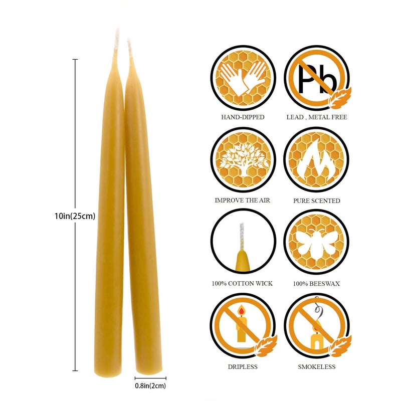 DEYBBY Natural Beeswax Taper Candles  DEYBBY Long Burning Handmade 10"" Tapered Candlesticks  9Hrs Burn Time  Smokeless and Dripless  2 Pack  - Image 2