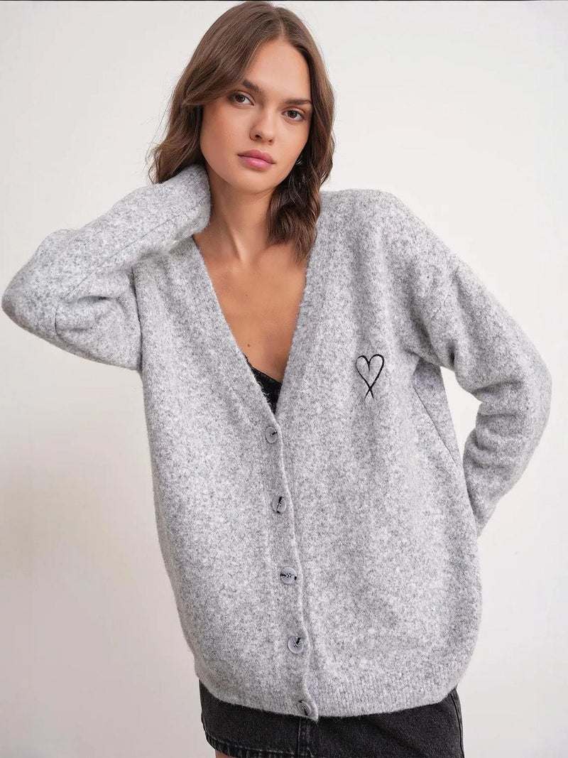 Mixray Oversized Knit Cardigan with Heart Detail - Image 1